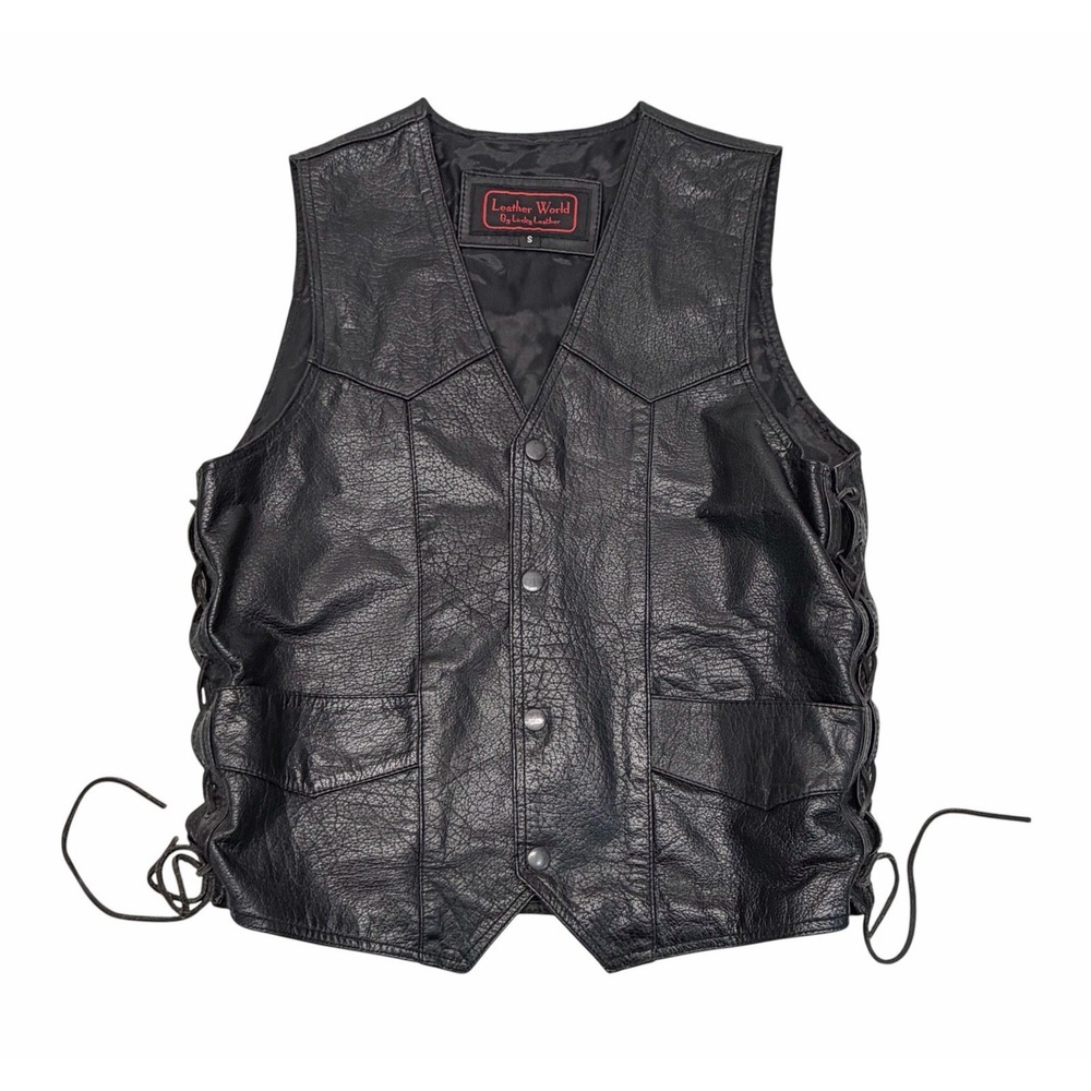 Men's Motorcycle Vest Black Small Leather World by Lucky Leather Biker USA